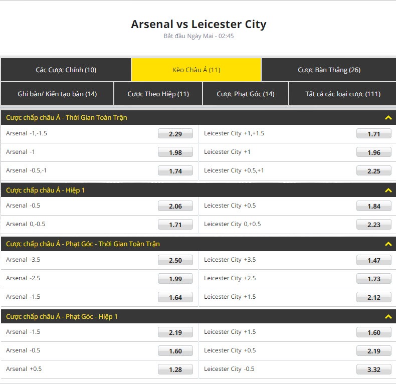 Arsenal vs Leicester City keo bong da chau a