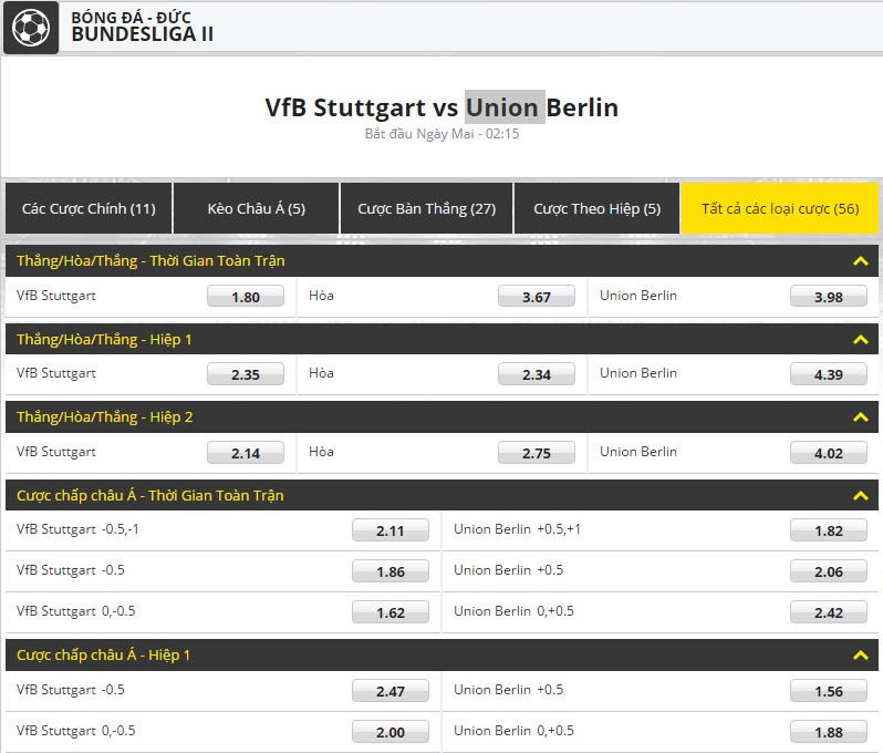 keo bong da dafabet BUNDESLIGA II VfB Stuttgart vs Union Berlin